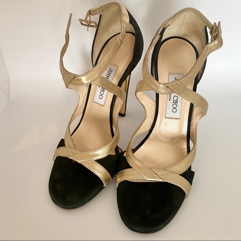 Jimmy Choo Black Suede Gold Leather Texas Sandals